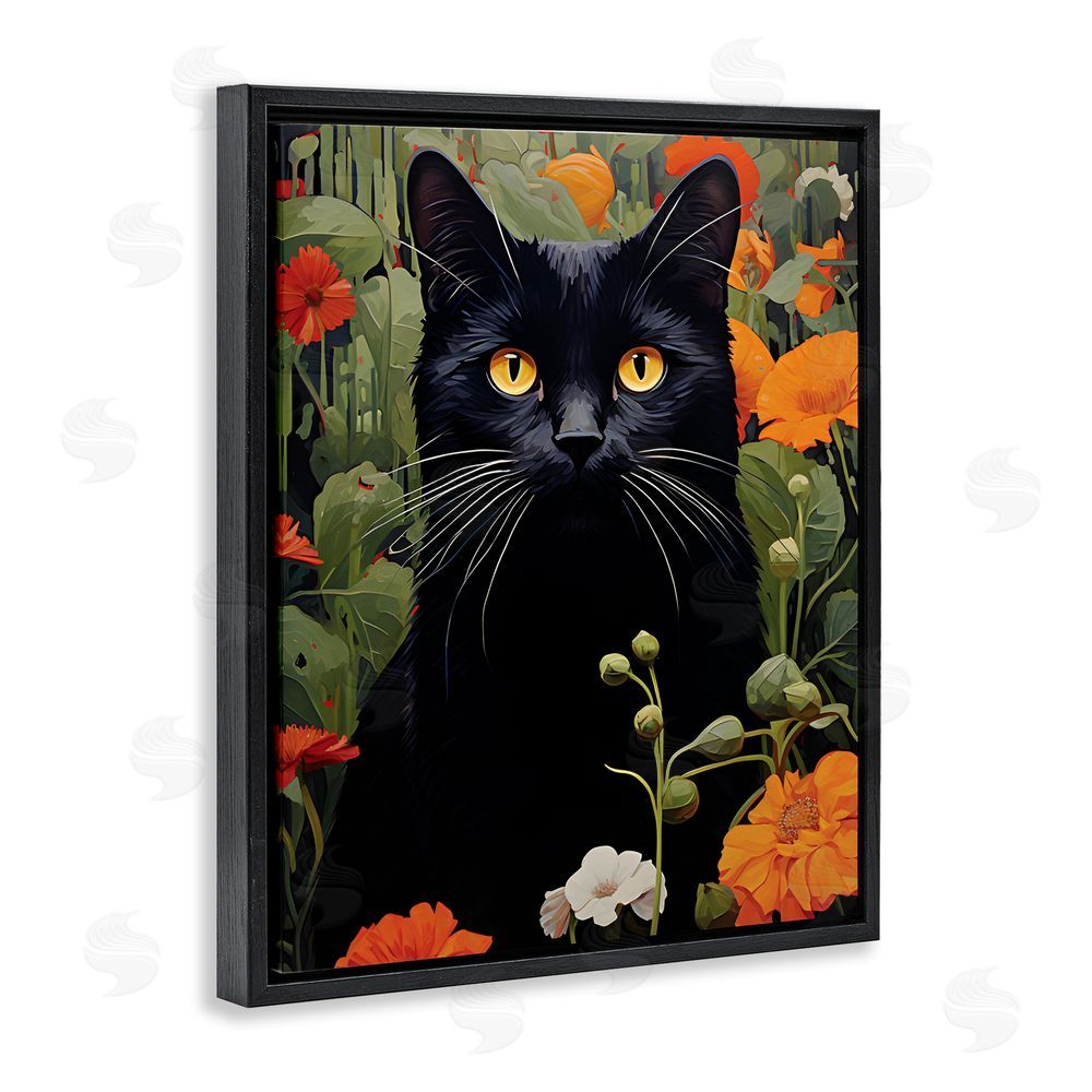 Gary Shergill Designs Black Cat Garden Flowers Black Floating Frame Canvas Wall Art Print