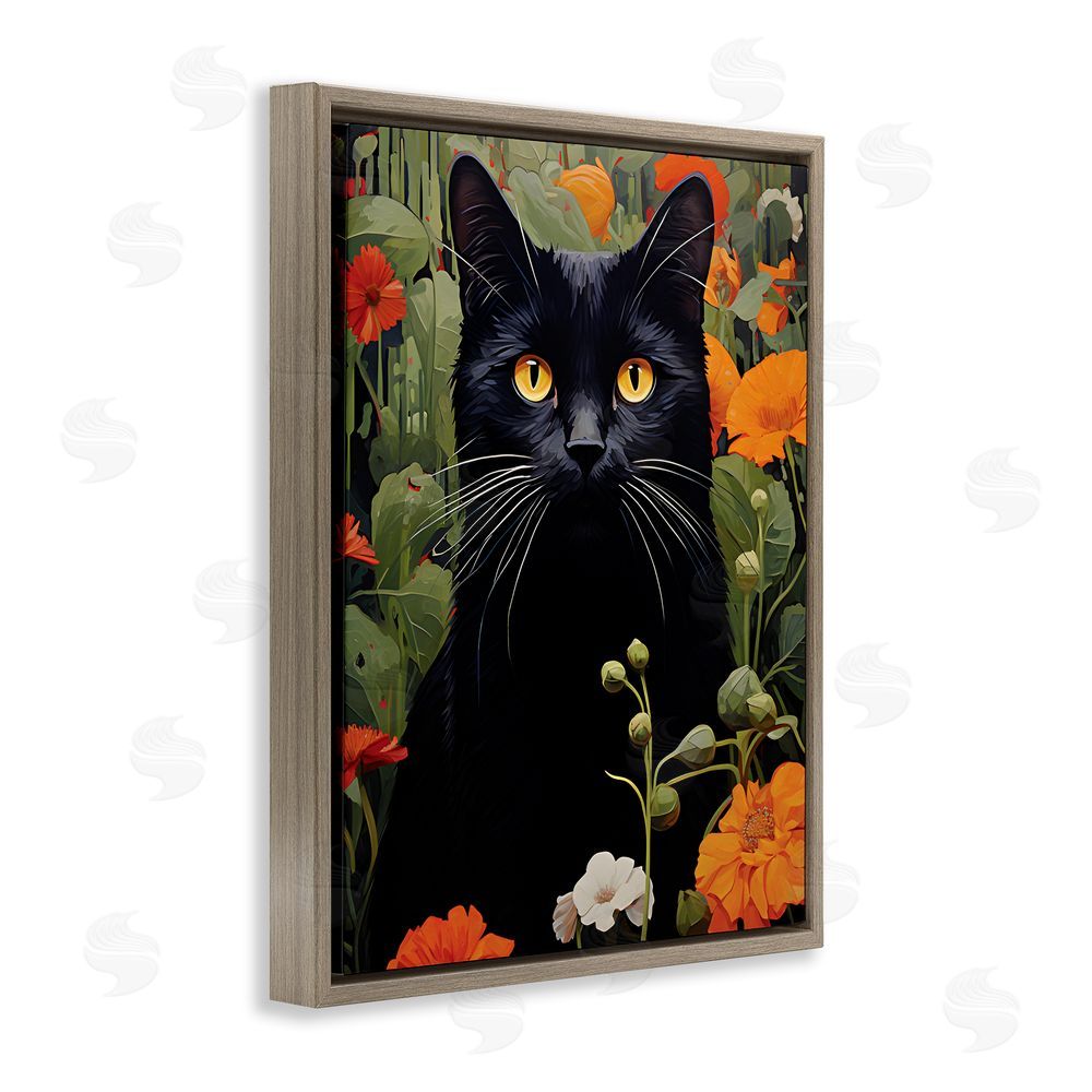 Gary Shergill Designs Black Cat Garden Flowers Brown Floating Frame Canvas Wall Art Print