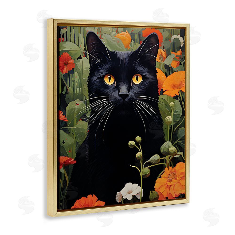 Gary Shergill Designs Black Cat Garden Flowers Gold Floating Frame Canvas Wall Art Print