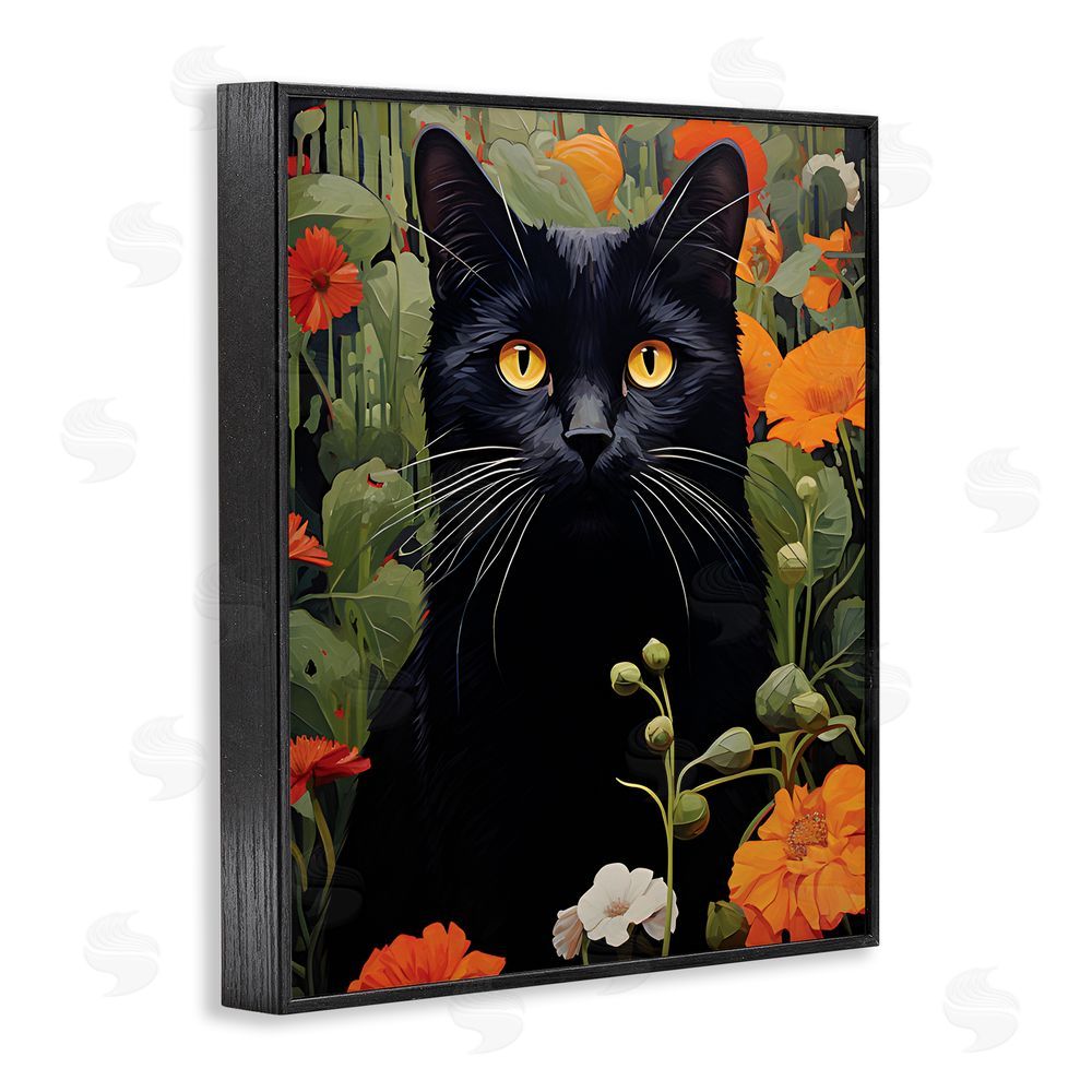 Gary Shergill Designs Black Cat Garden Flowers Black Framed Giclee Wall Art Print