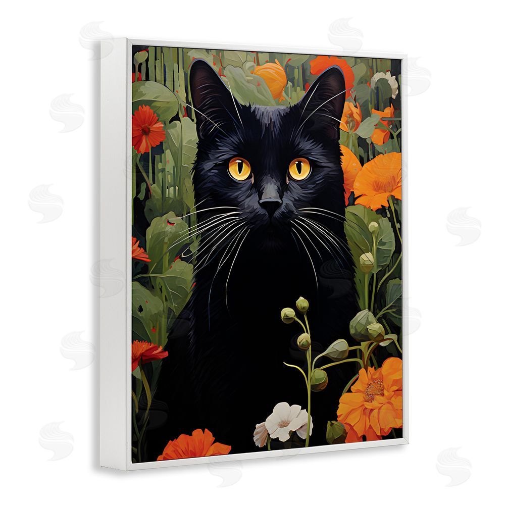 Gary Shergill Designs Black Cat Garden Flowers White Framed Giclee Wall Art Print