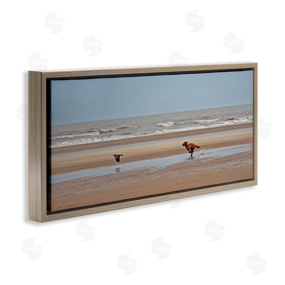 Gill Woodcock Dog Chasing Bird on Beach Brown Floating Frame Canvas Wall Art Print