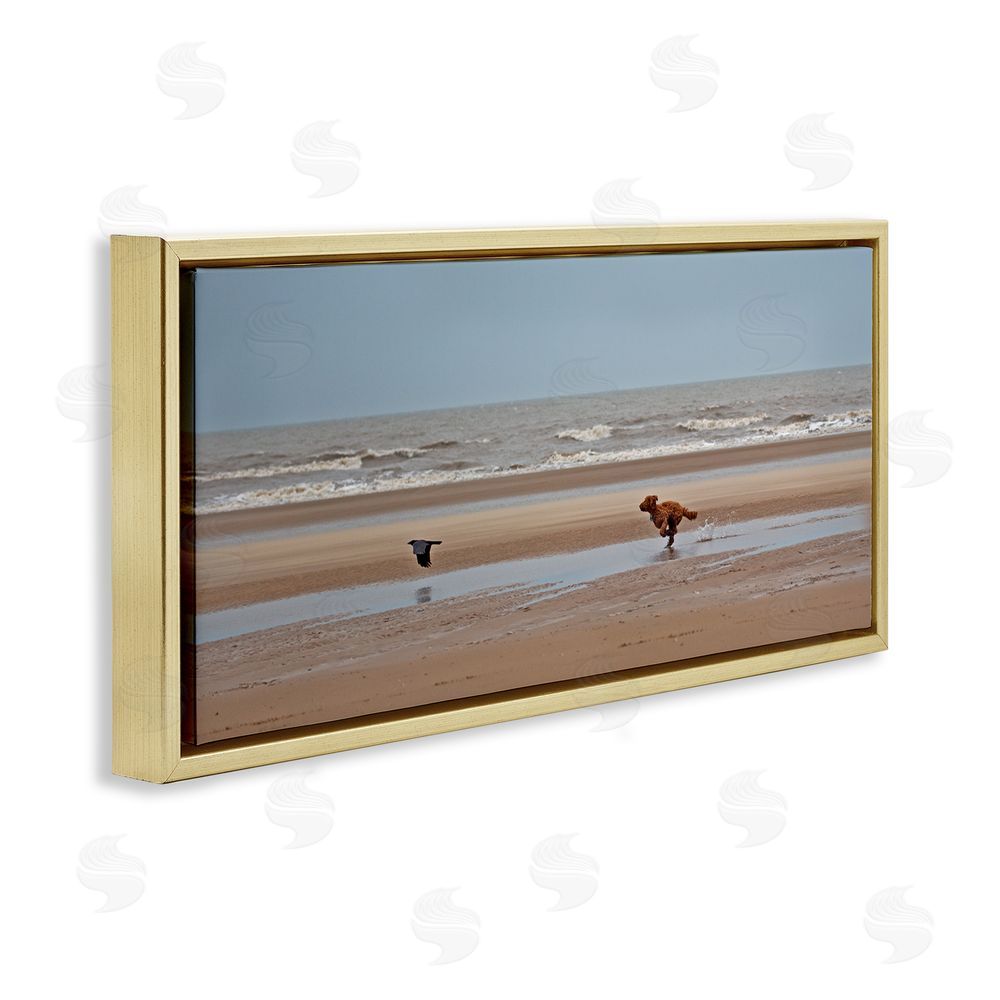 Gill Woodcock Dog Chasing Bird on Beach Gold Floating Frame Canvas Wall Art Print