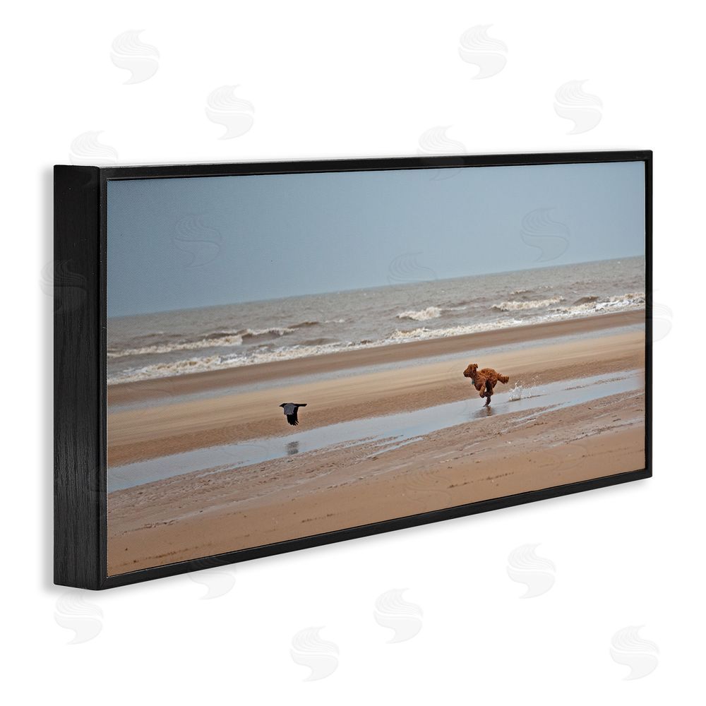 Gill Woodcock Dog Chasing Bird on Beach Black Framed Giclee Wall Art Print