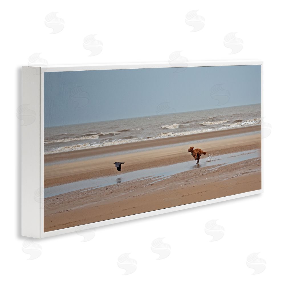 Gill Woodcock Dog Chasing Bird on Beach White Framed Giclee Wall Art Print