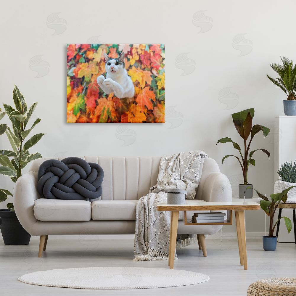 Kazutoshi Ono Cat in Autumn Leaf Pile Canvas Wall Art Print in Room