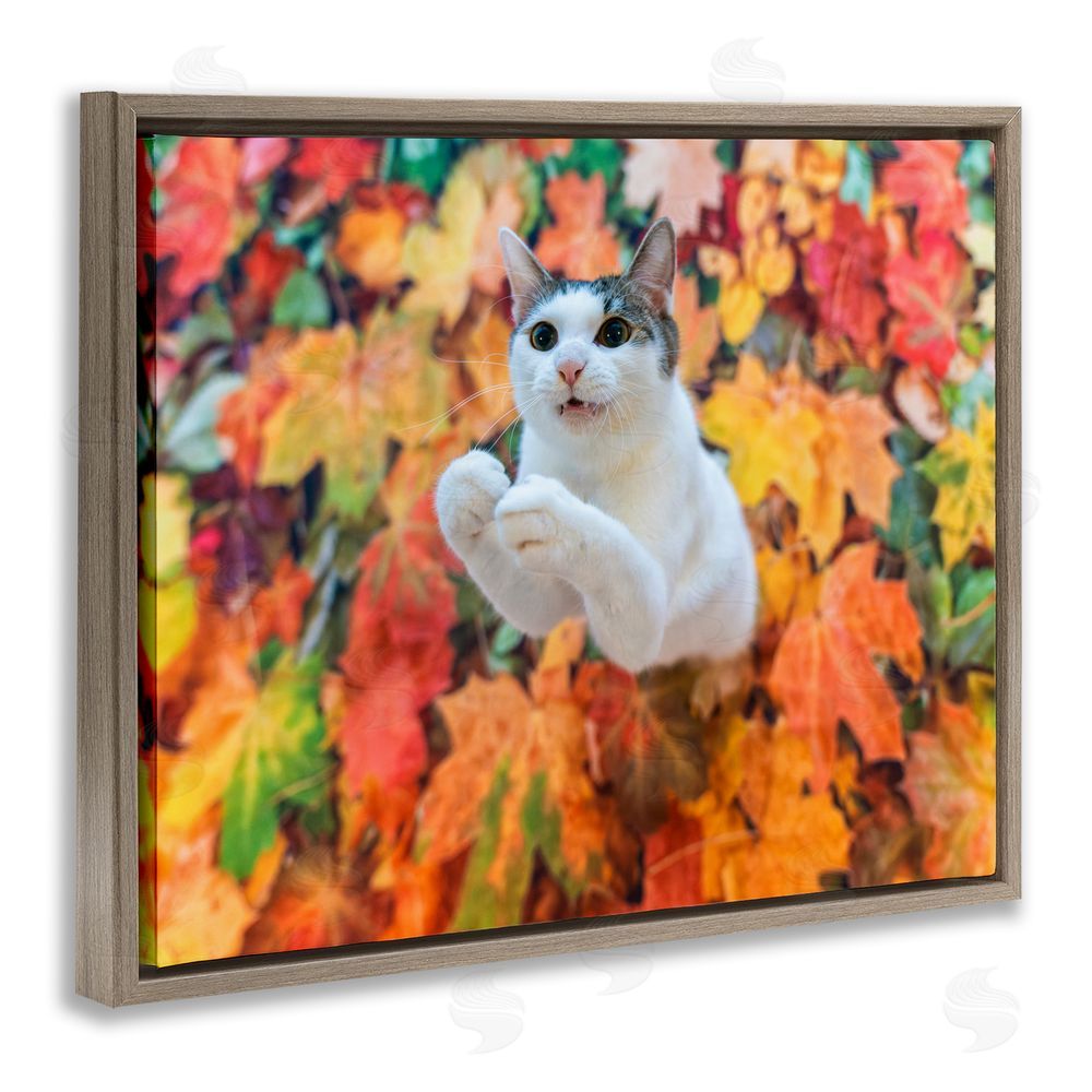 Kazutoshi Ono Cat in Autumn Leaf Pile Brown Floating Frame Canvas Wall Art Print