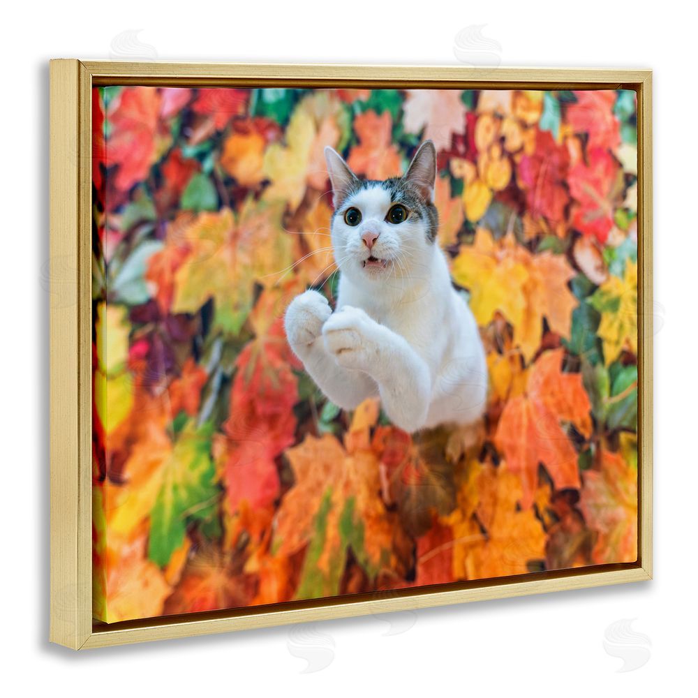 Kazutoshi Ono Cat in Autumn Leaf Pile Gold Floating Frame Canvas Wall Art Print