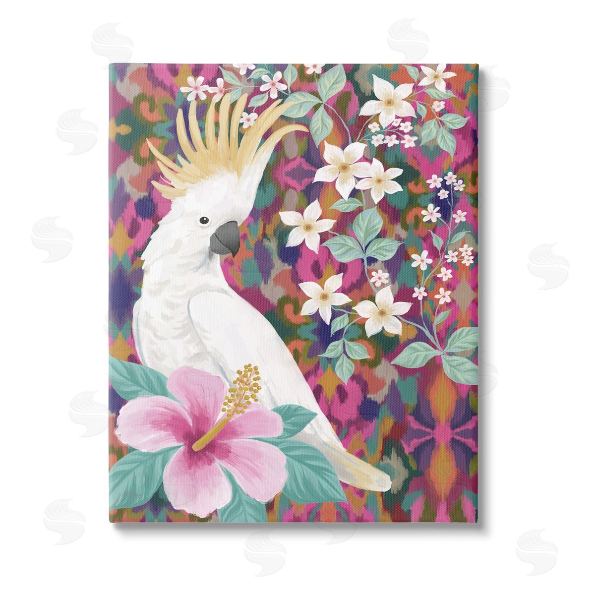 Cat Thurman Designs Cockatoo with Floral Hibiscus Stretched Canvas Wall Art Print