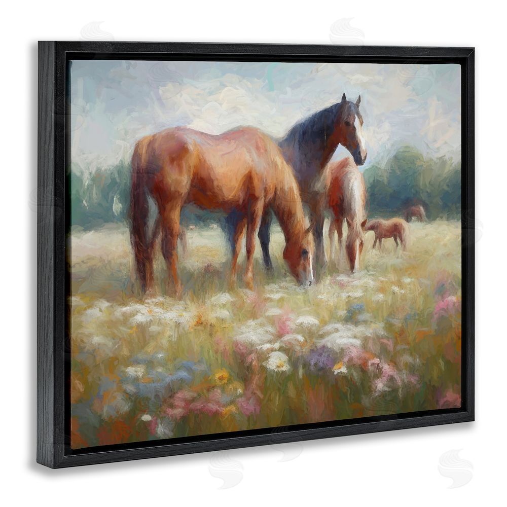 Ramona Murdock Horse Family in Meadow Black Floating Frame Canvas Wall Art Print