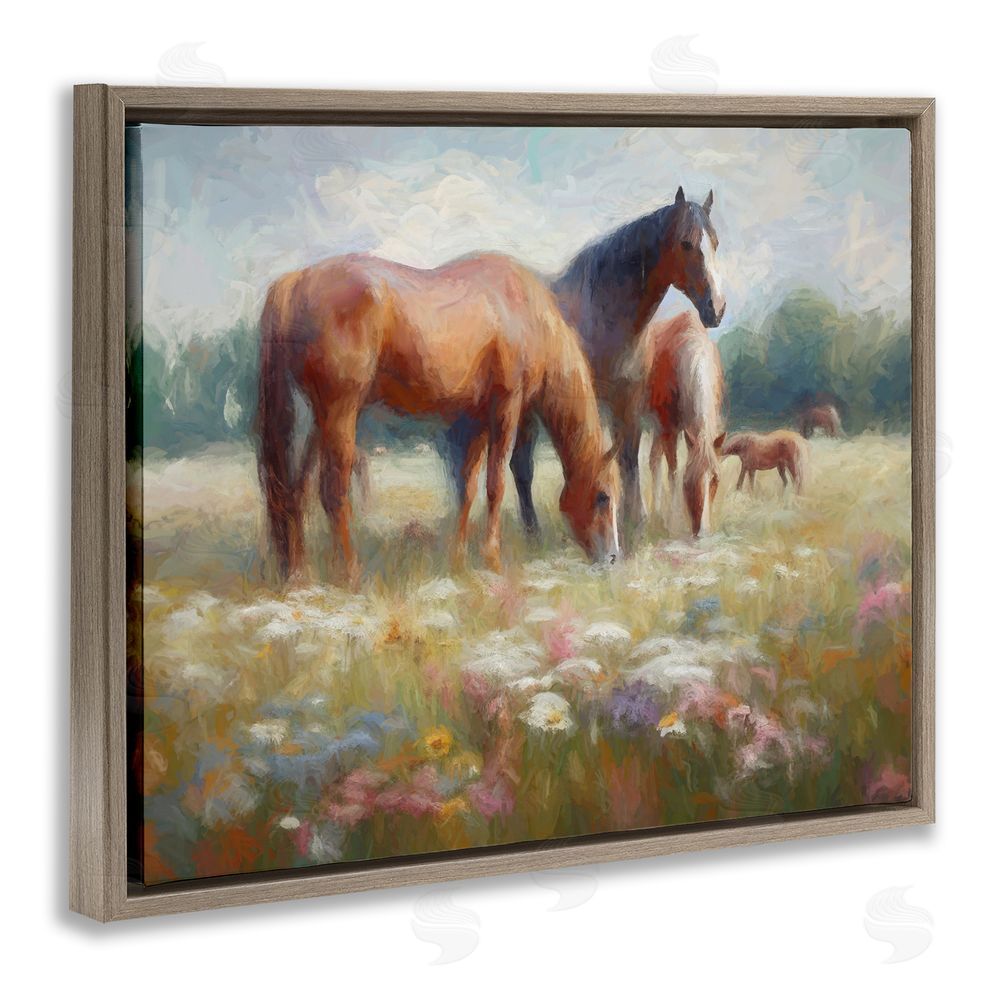Ramona Murdock Horse Family in Meadow Brown Floating Frame Canvas Wall Art Print