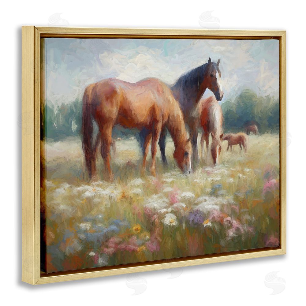 Ramona Murdock Horse Family in Meadow Gold Floating Frame Canvas Wall Art Print
