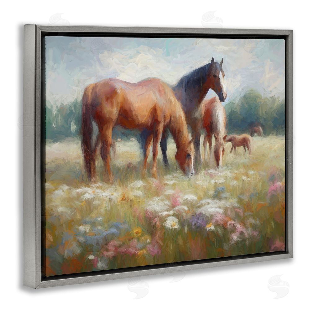 Ramona Murdock Horse Family in Meadow Grey Floating Frame Canvas Wall Art Print