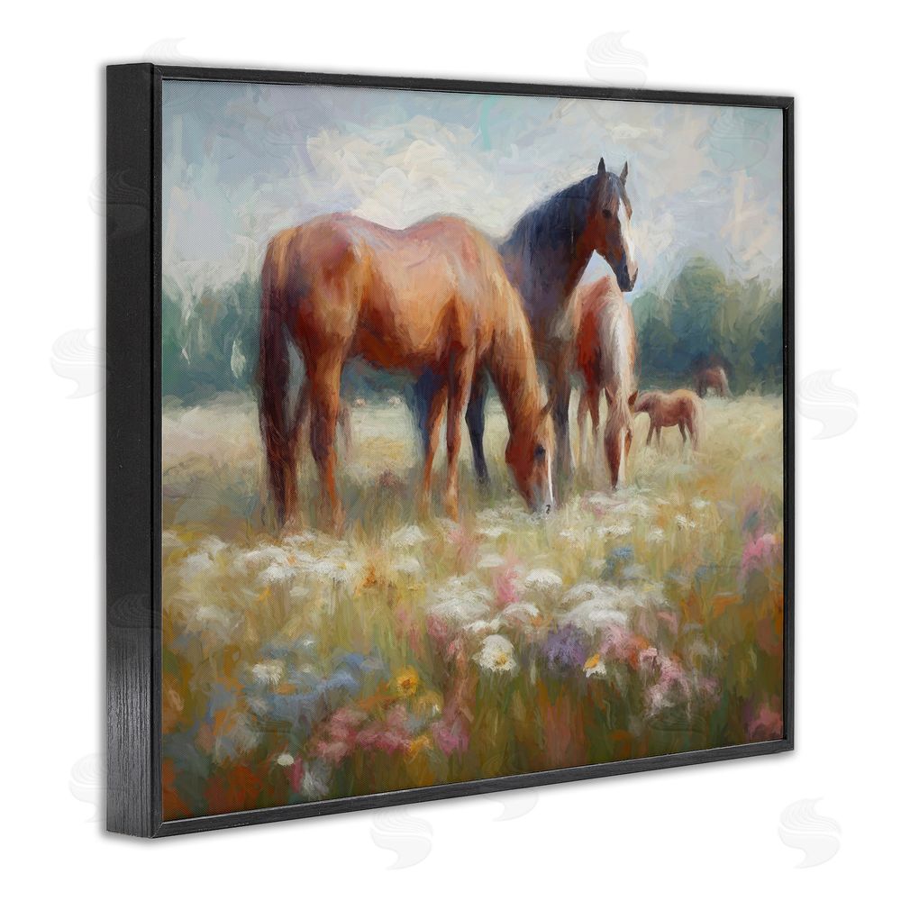 Ramona Murdock Horse Family in Meadow Black Framed Giclee Wall Art Print