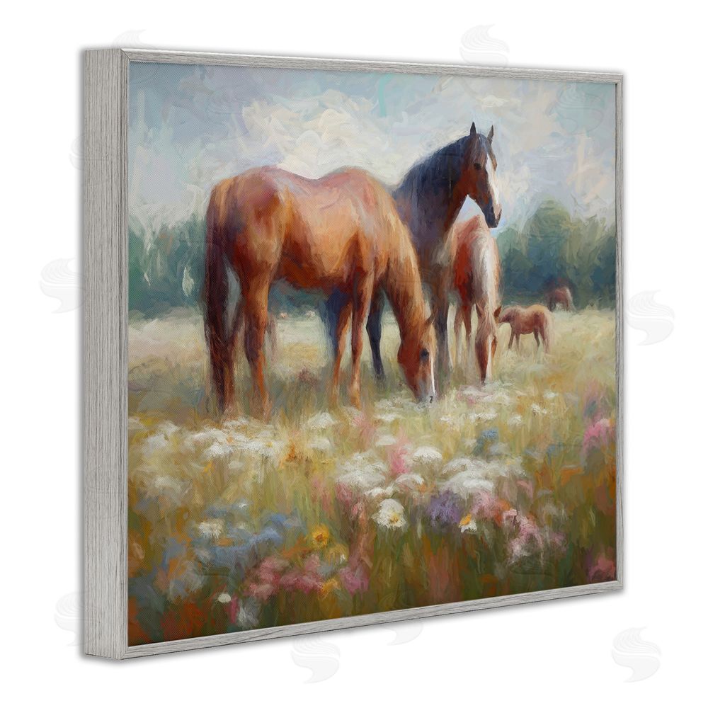 Ramona Murdock Horse Family in Meadow Gray Framed Giclee Wall Art Print