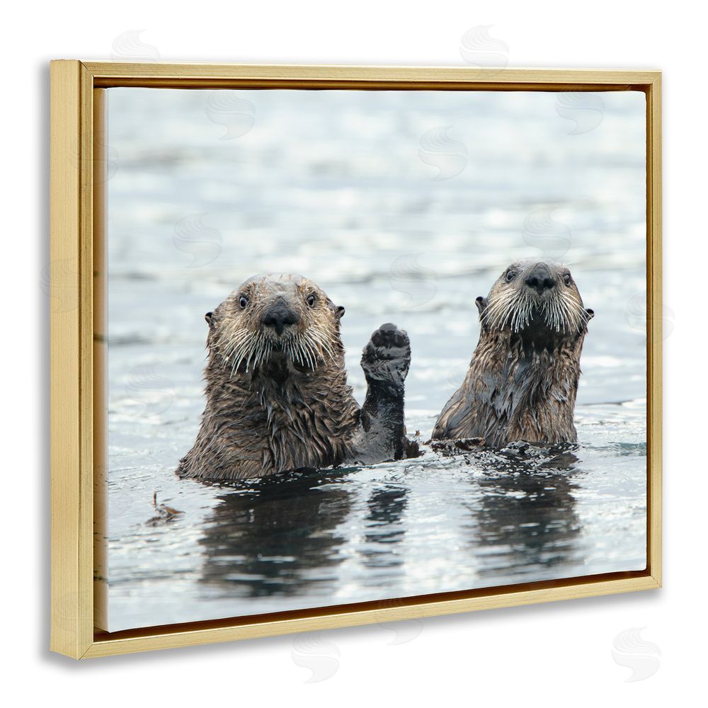 Donna Bourdon Peeking Otters in Water Gold Floating Frame Canvas Wall Art Print