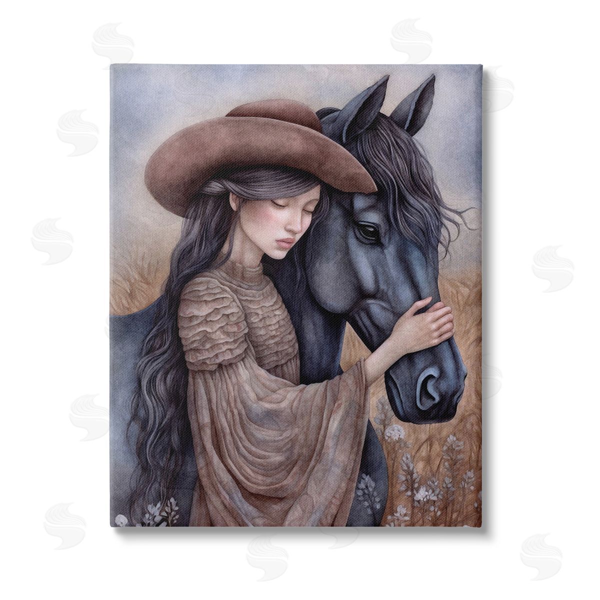 The Dutch Lady Girl with Black Stallion Stretched Canvas Wall Art Print