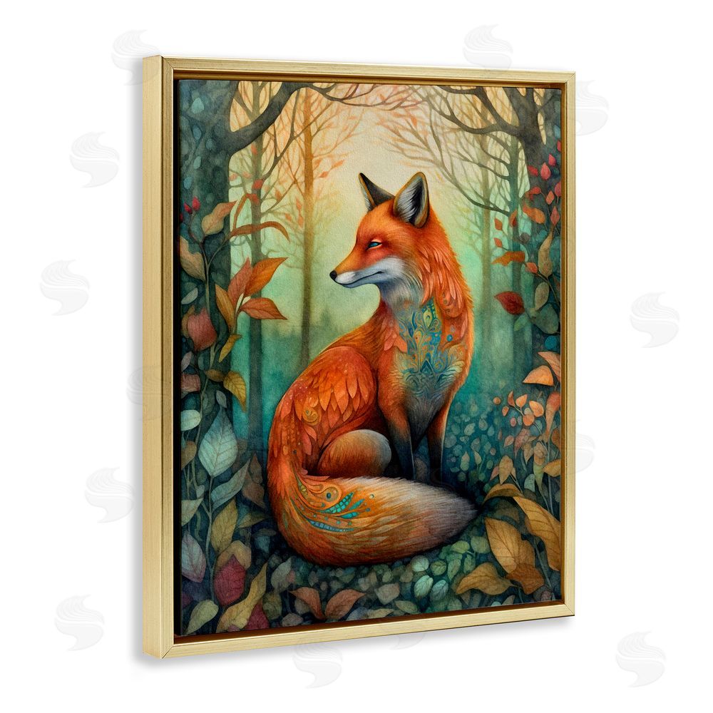 The Dutch Lady Vibrant Fox in Forest Foliage Gold Floating Frame Canvas Wall Art Print