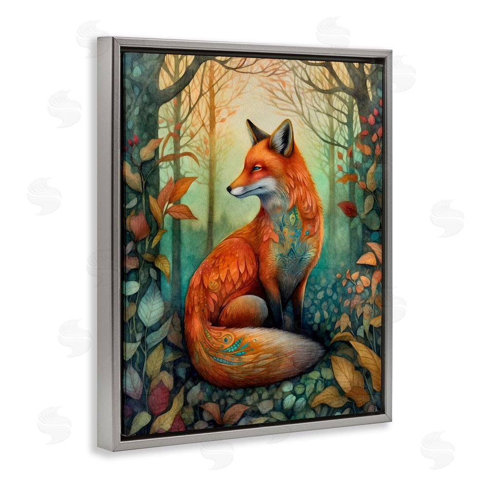 The Dutch Lady Vibrant Fox in Forest Foliage Grey Floating Frame Canvas Wall Art Print