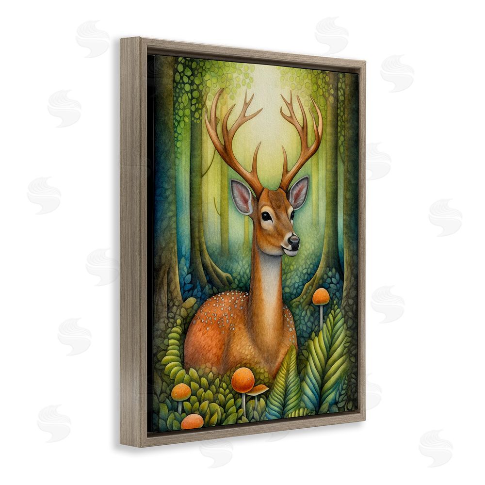 The Dutch Lady Deer with Nature Mushrooms Brown Floating Frame Canvas Wall Art Print