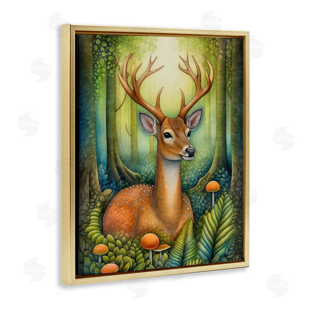 The Dutch Lady Deer with Nature Mushrooms Gold Floating Frame Canvas Wall Art Print