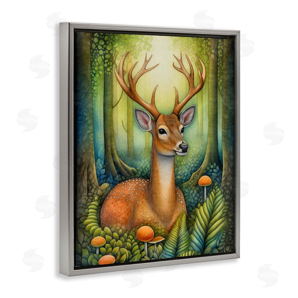 The Dutch Lady Deer with Nature Mushrooms Grey Floating Frame Canvas Wall Art Print