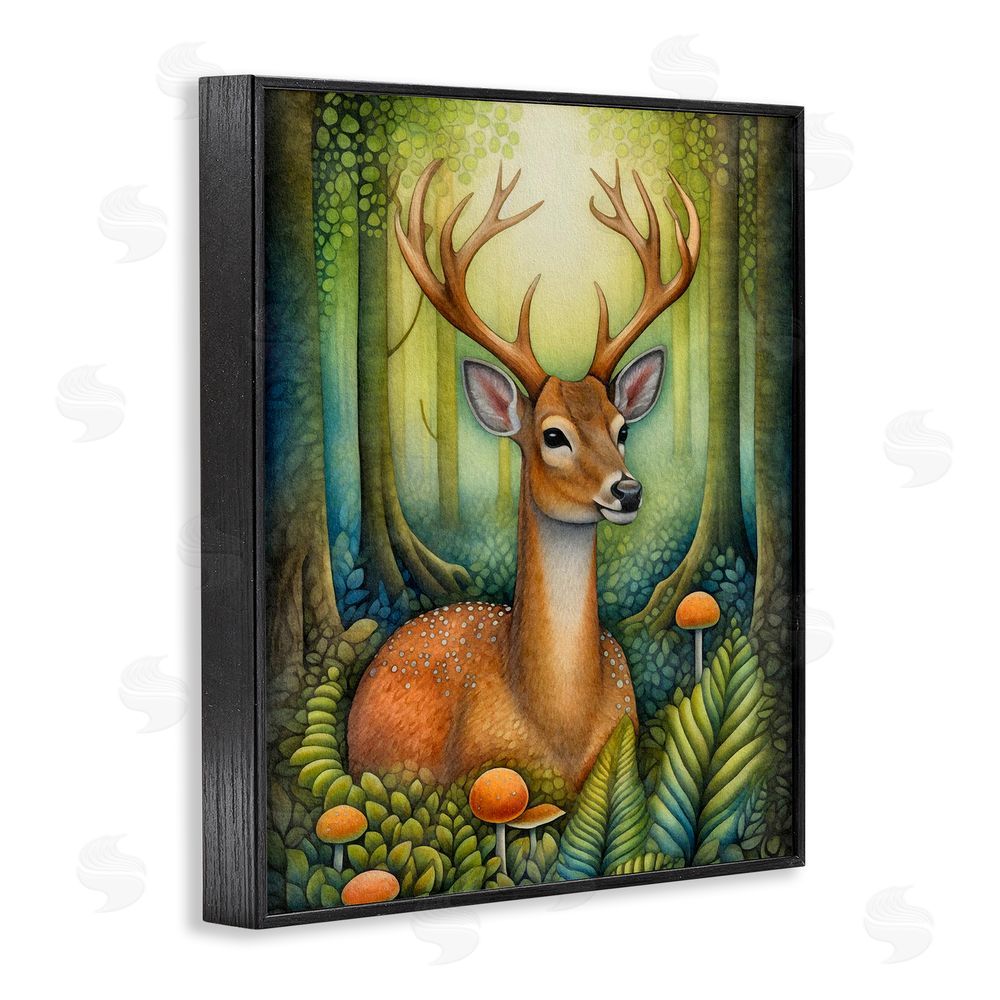 The Dutch Lady Deer with Nature Mushrooms Black Framed Giclee Wall Art Print