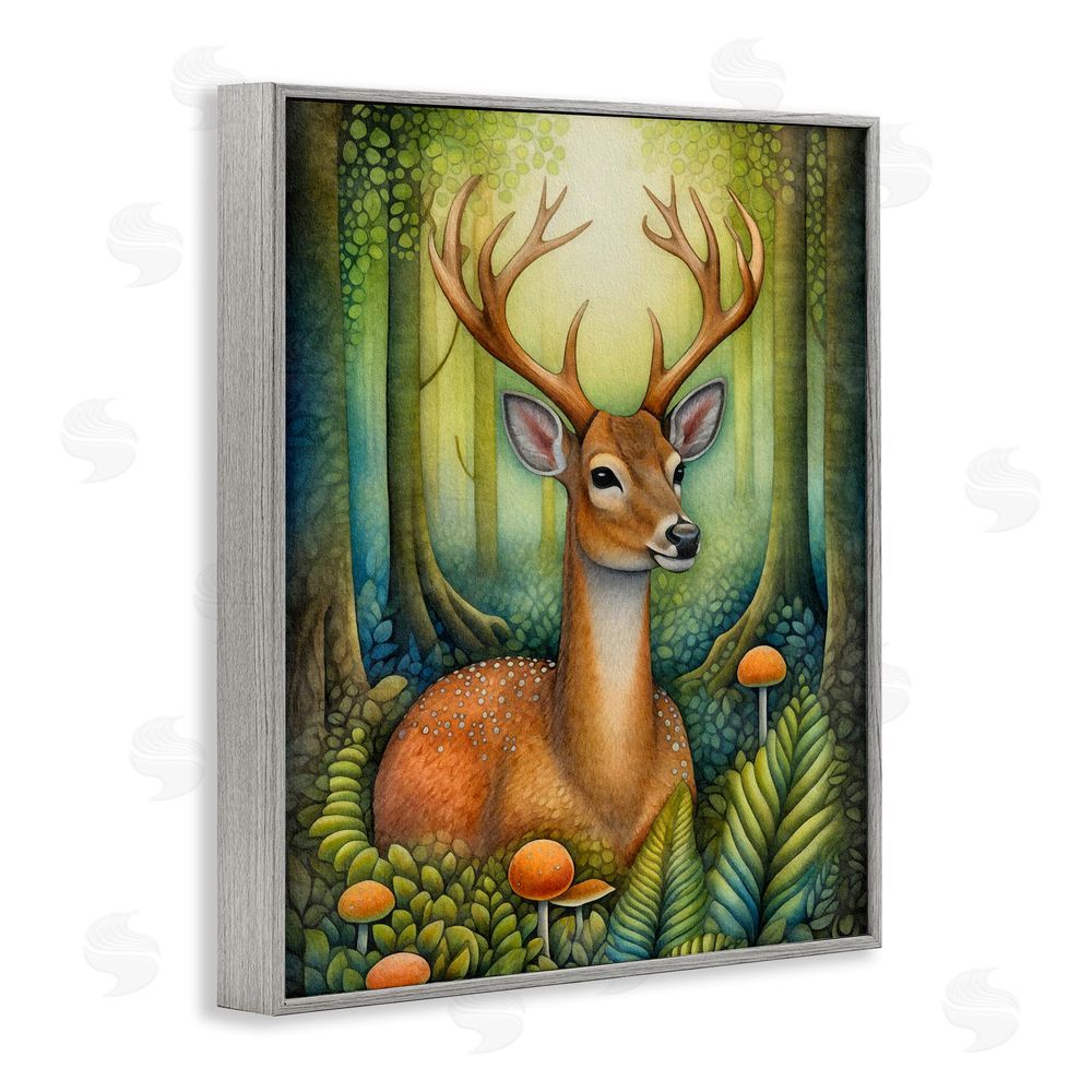 The Dutch Lady Deer with Nature Mushrooms Gray Framed Giclee Wall Art Print