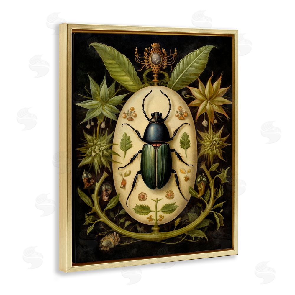 The Dutch Lady Vintage Beetle & Botanicals Gold Floating Frame Canvas Wall Art Print