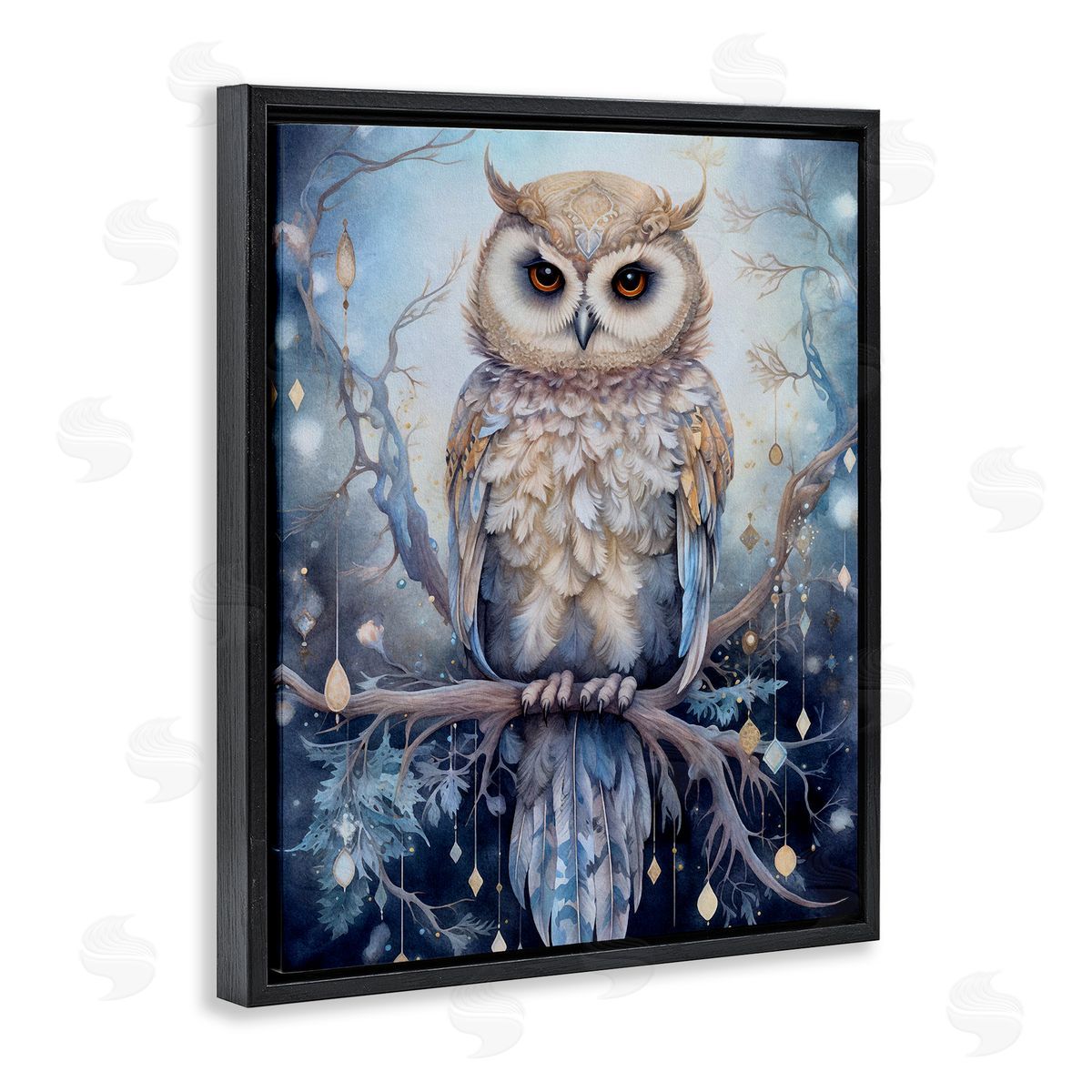 Owl on Twinkling Branch Black Floating Frame Canvas Wall Art, Home Decor by The Dutch Lady