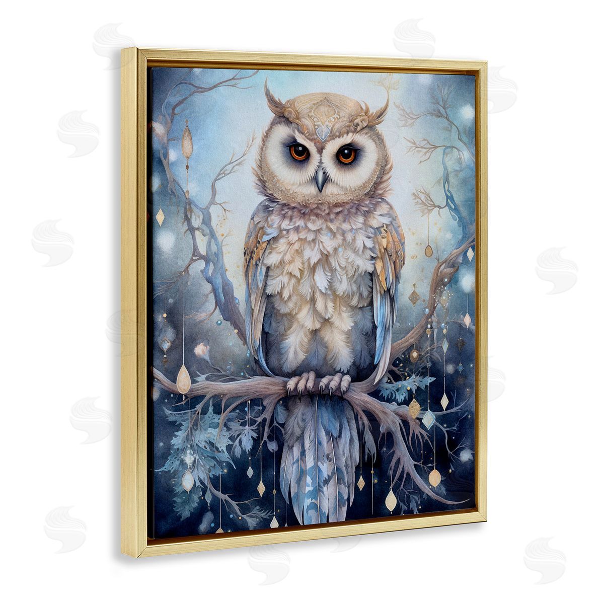 Owl on Twinkling Branch Gold Floating Frame Canvas Wall Art, Home Decor by The Dutch Lady