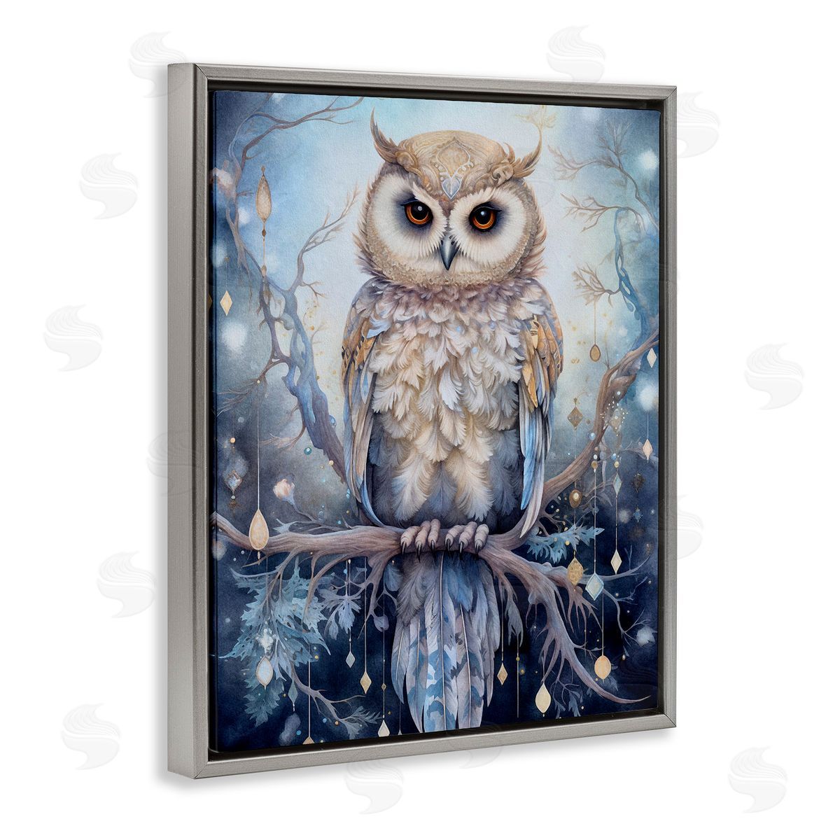Owl on Twinkling Branch Grey Floating Frame Canvas Wall Art, Home Decor by The Dutch Lady