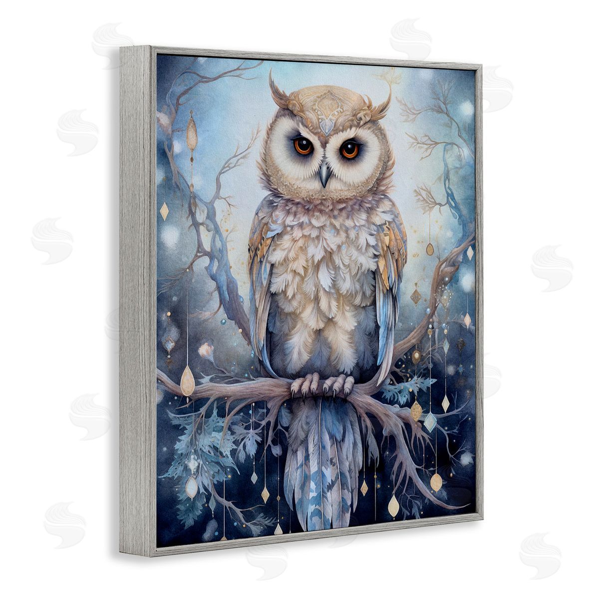 Owl on Twinkling Branch Grey Frame Print Wall Art, Home Decor by The Dutch Lady