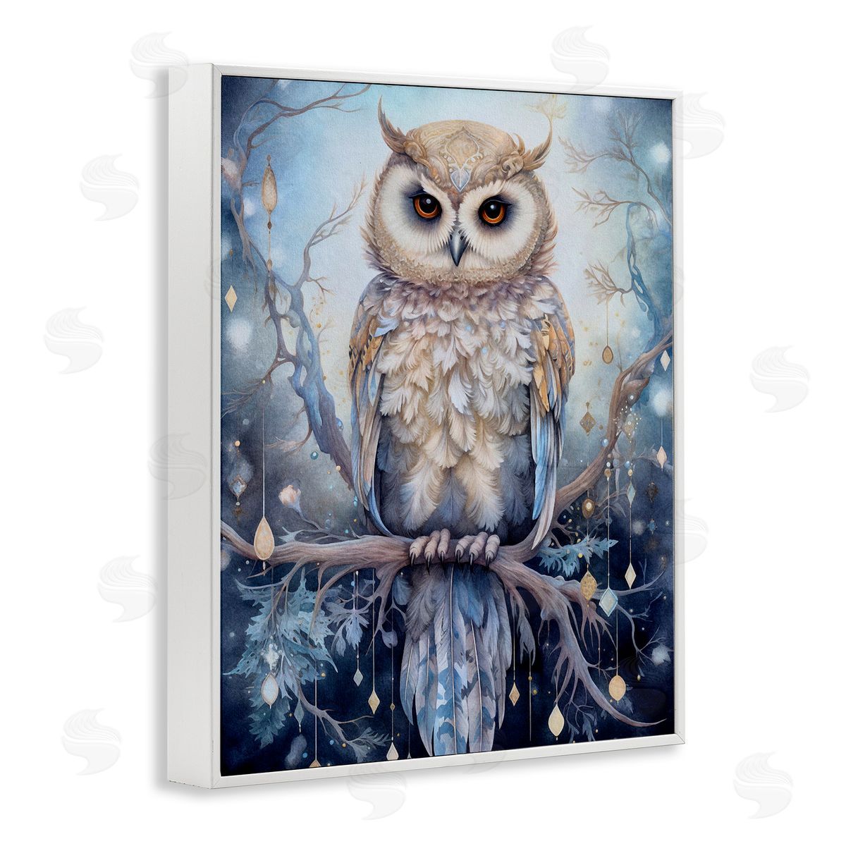 Owl on Twinkling Branch White Frame Print Wall Art, Home Decor by The Dutch Lady