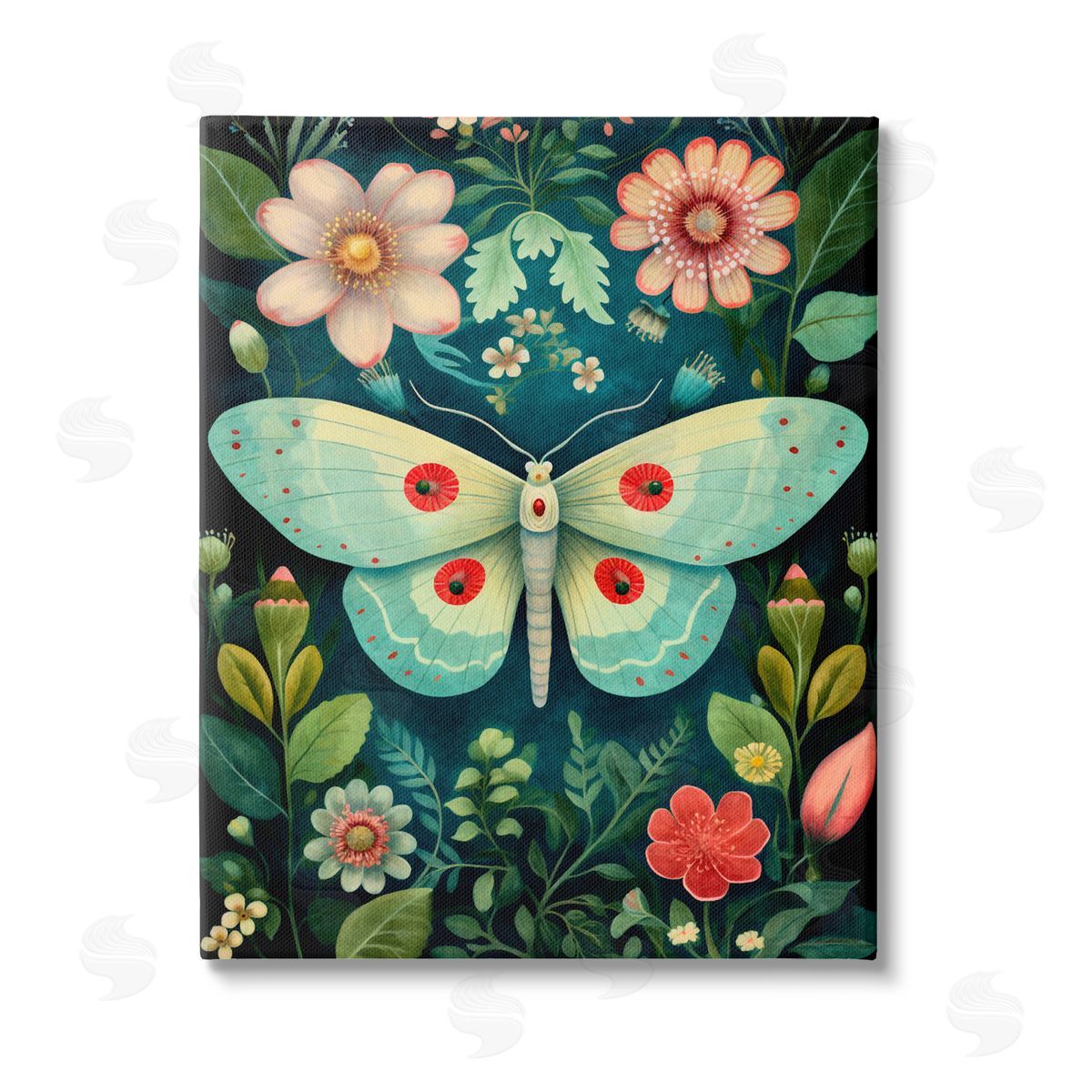 The Dutch Lady Green & Pink Moth Pattern Stretched Canvas Wall Art Print