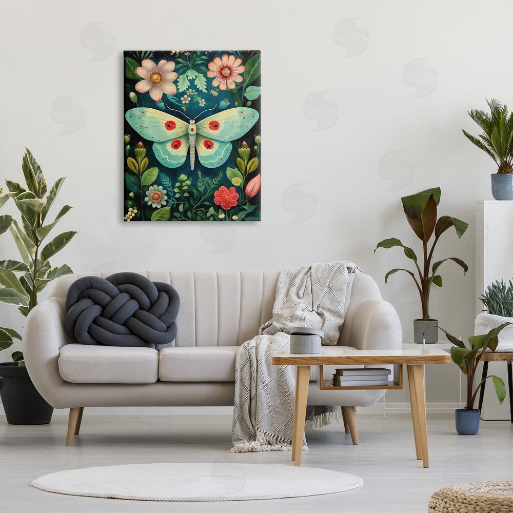 The Dutch Lady Green & Pink Moth Pattern Canvas Wall Art Print in Room