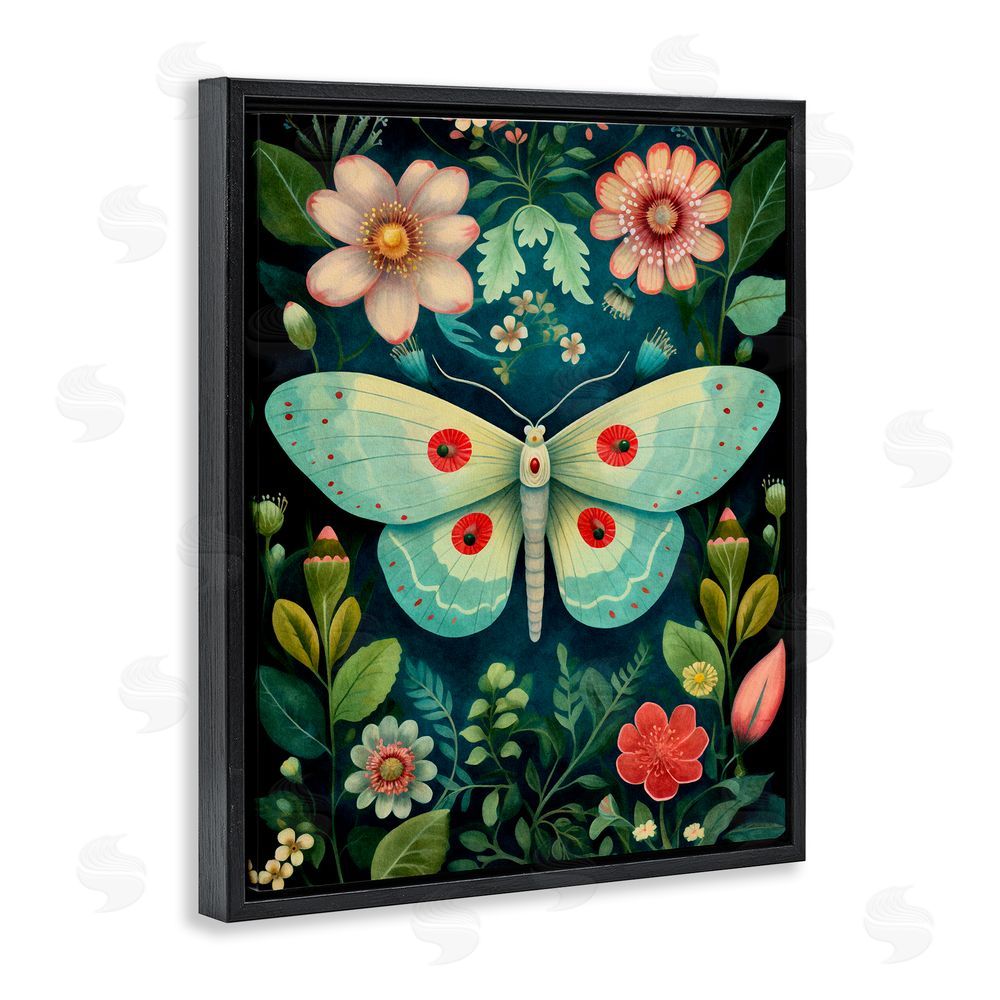 The Dutch Lady Green & Pink Moth Pattern Black Floating Frame Canvas Wall Art Print