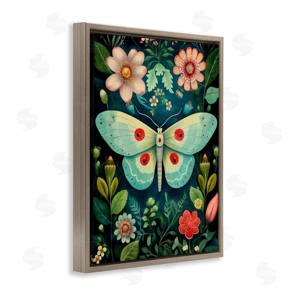 The Dutch Lady Green & Pink Moth Pattern Brown Floating Frame Canvas Wall Art Print