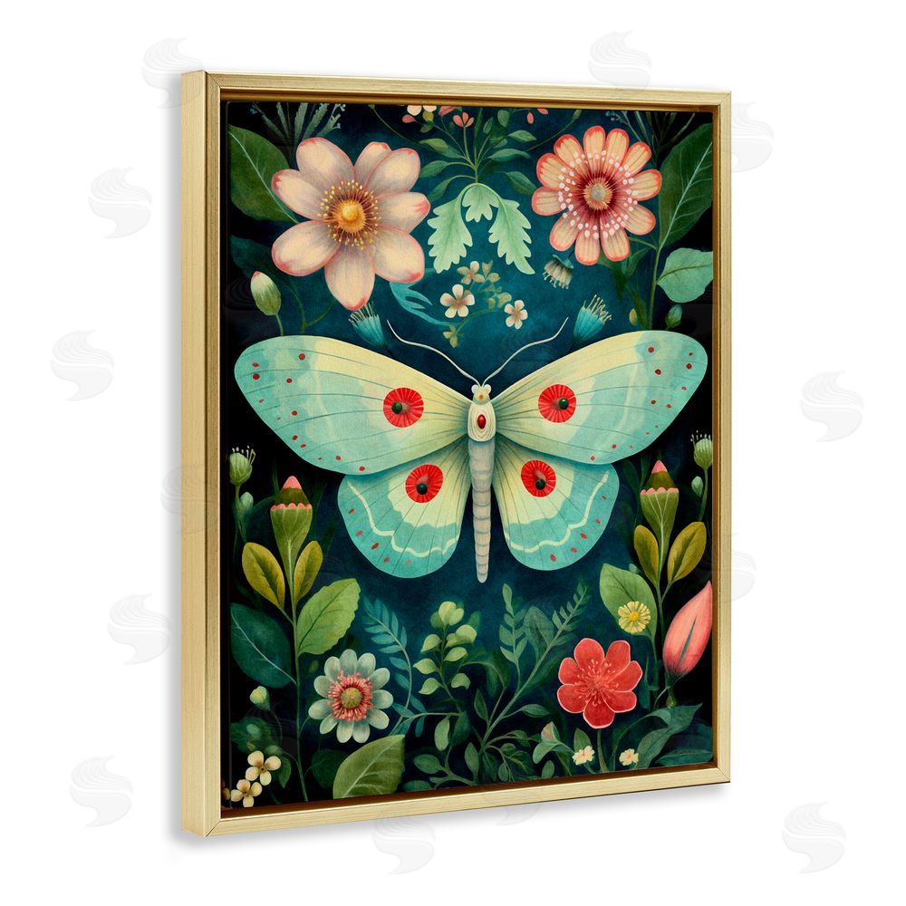 The Dutch Lady Green & Pink Moth Pattern Gold Floating Frame Canvas Wall Art Print