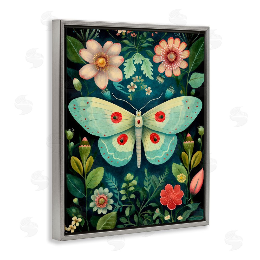 The Dutch Lady Green & Pink Moth Pattern Grey Floating Frame Canvas Wall Art Print