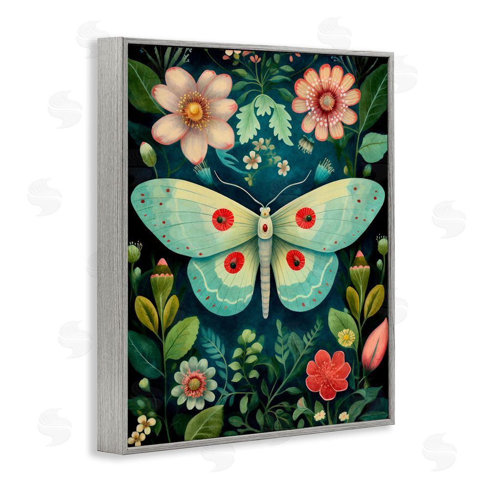 The Dutch Lady Green & Pink Moth Pattern Gray Framed Giclee Wall Art Print