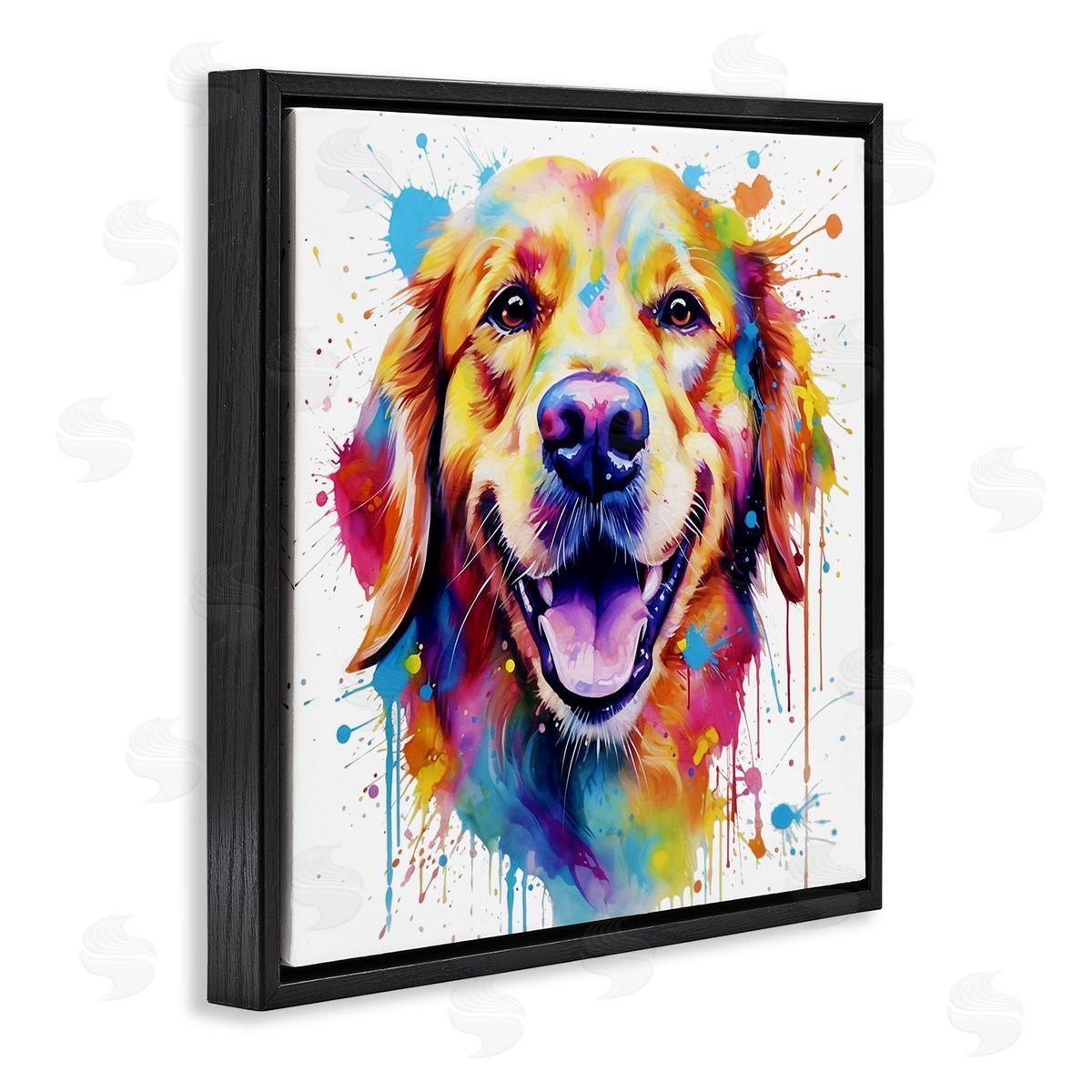 Happy Dog Paint Drip Black Floating Frame Canvas Wall Art, Home Decor by MB Cunningham