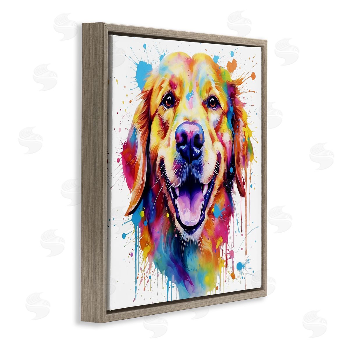 Happy Dog Paint Drip Brown Floating Frame Canvas Wall Art, Home Decor by MB Cunningham