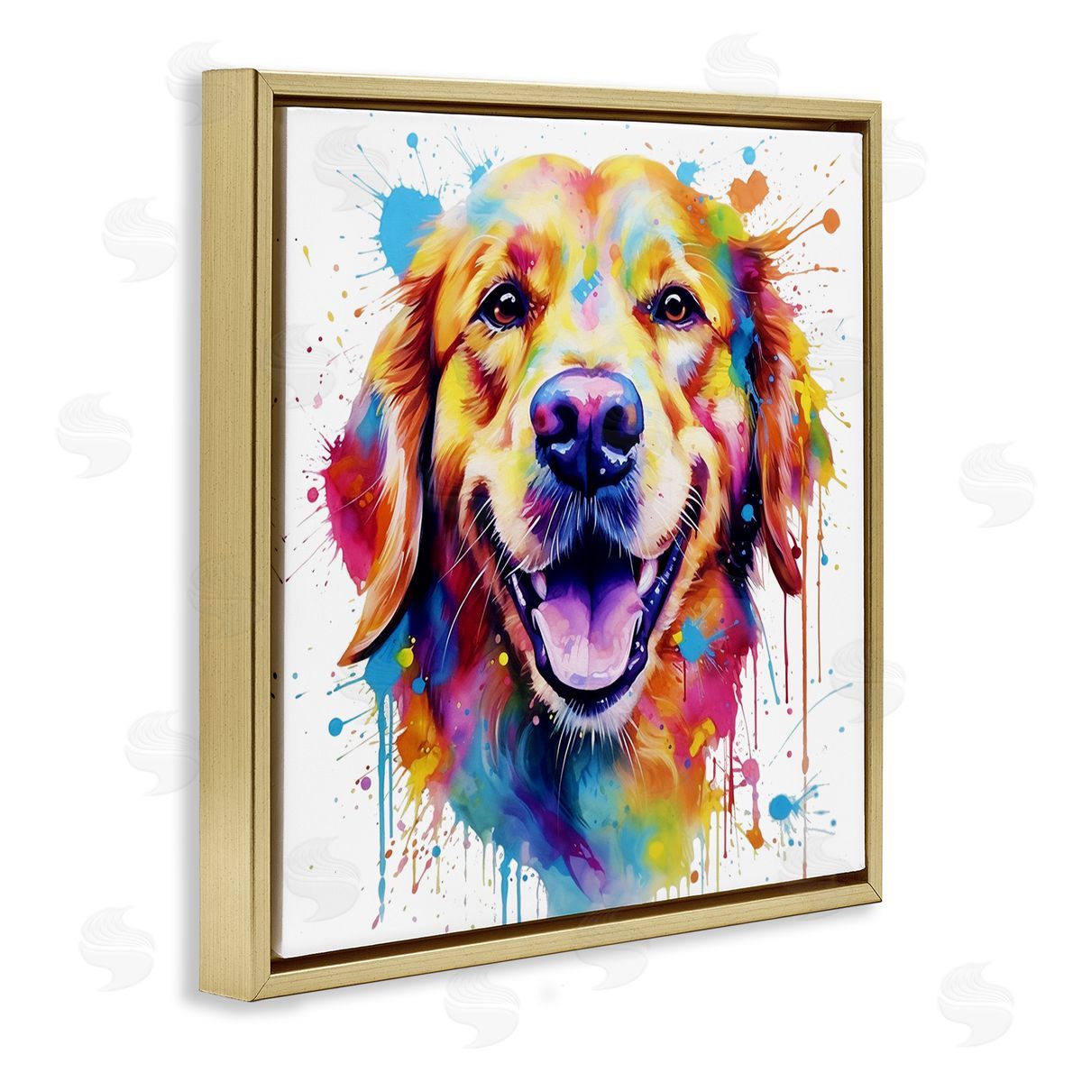 Happy Dog Paint Drip Gold Floating Frame Canvas Wall Art, Home Decor by MB Cunningham
