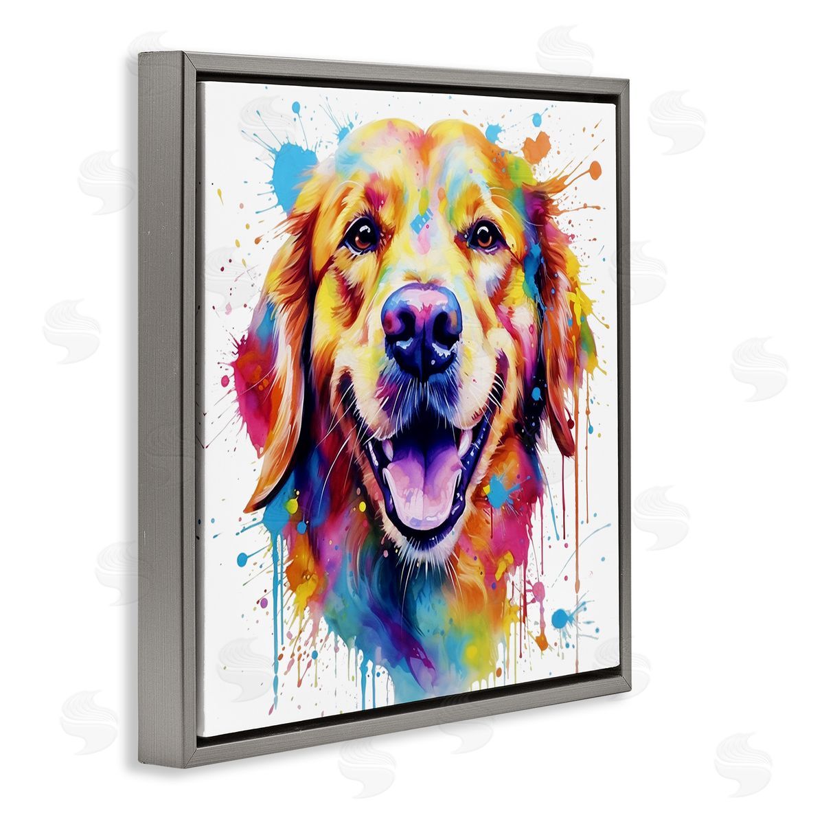 Happy Dog Paint Drip Grey Floating Frame Canvas Wall Art, Home Decor by MB Cunningham