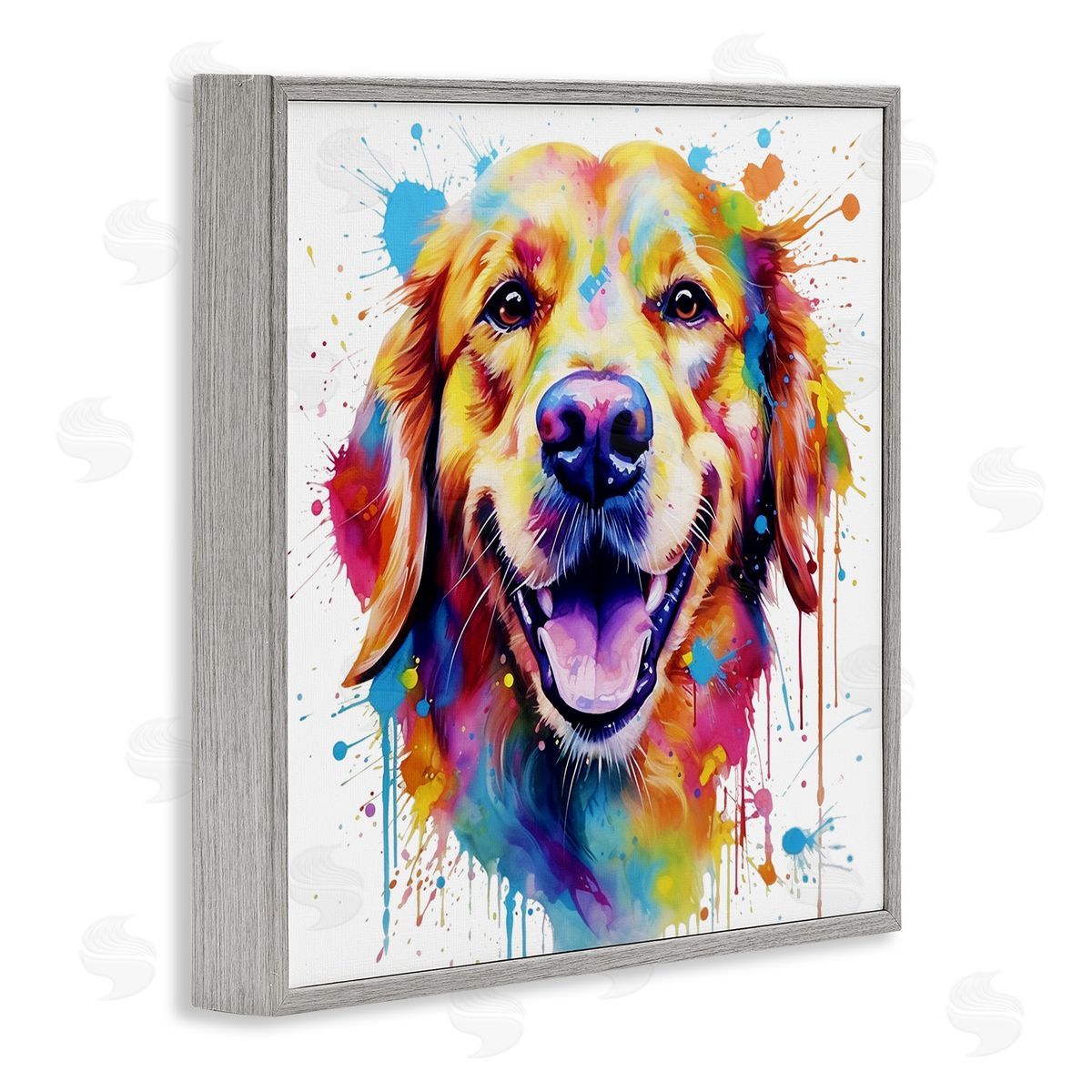 Happy Dog Paint Drip Grey Frame Print Wall Art, Home Decor by MB Cunningham