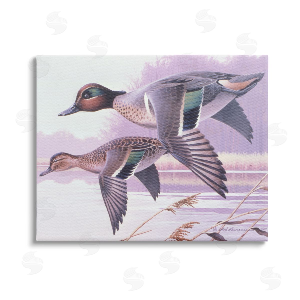 Rod Lawrence Flying Mallards over Lake Stretched Canvas Wall Art Print