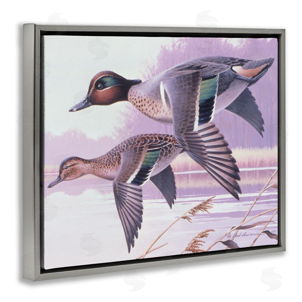 Rod Lawrence Flying Mallards over Lake Grey Floating Frame Canvas Wall Art Print