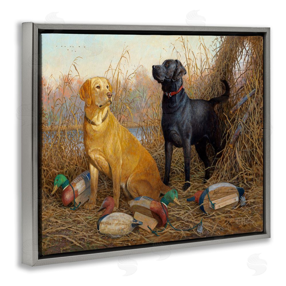 Hayden Lambson Hunting Dogs with Decoys Grey Floating Frame Canvas Wall Art Print