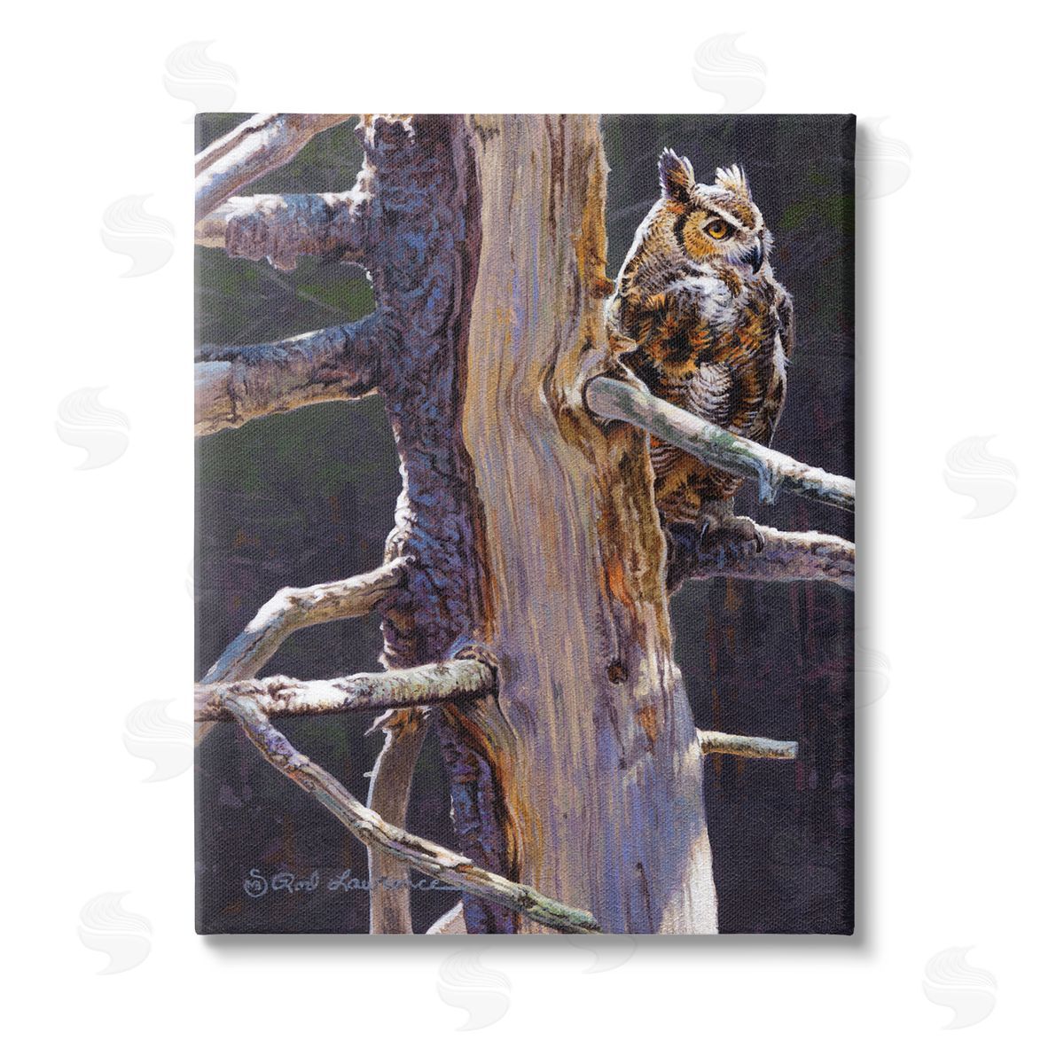 Rod Lawrence Owl in Rustic Tree Stretched Canvas Wall Art Print